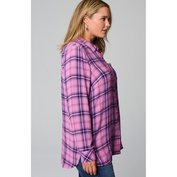 J.Jill Tops - J Jill Purple Plaid Long Sleeve Collared Button Down Tunic Shirt Sz L Top Blouse